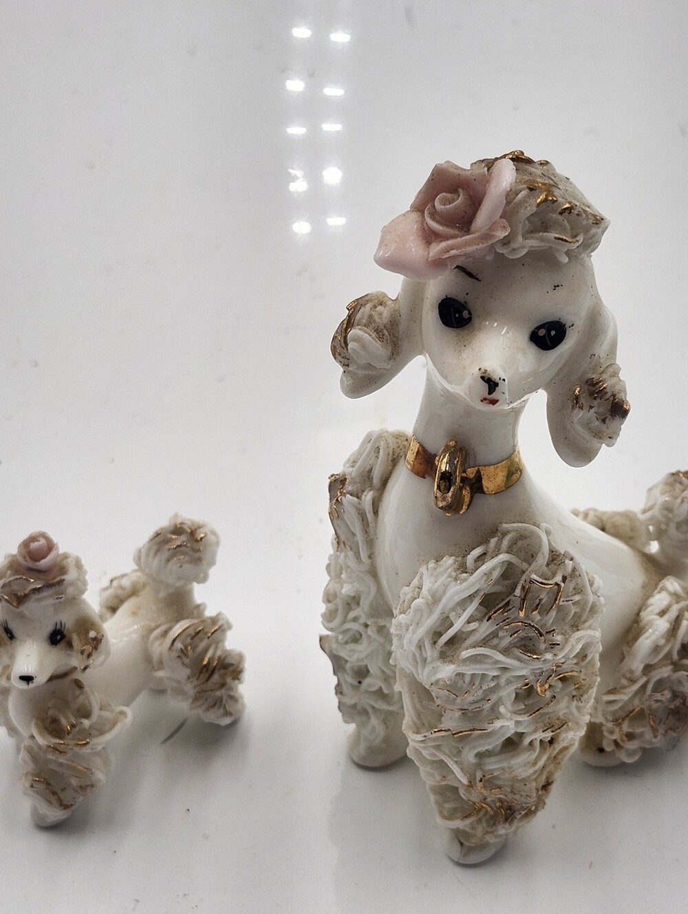 Vintage White Mom Poodle  Baby Poodle Spaghetti Trim Porcelain Figurines